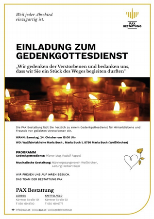 EINLADUNG ZUM GEDENKGOTTESDIENST, Wallfahrtskirche Maria Buch